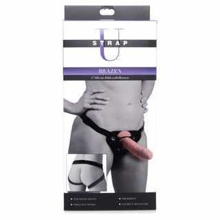 front of the box of the strap-u brazen silicone dildo with harness 8in vanilla xr-ag424