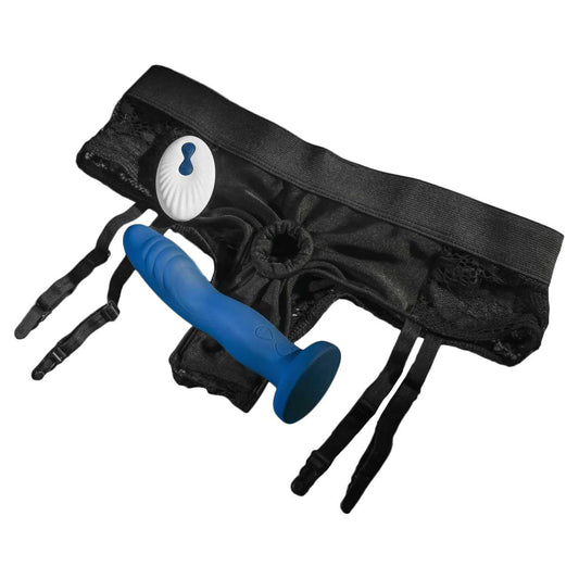 everything included with the gender x snuggle up vibrating strap on with harness blue