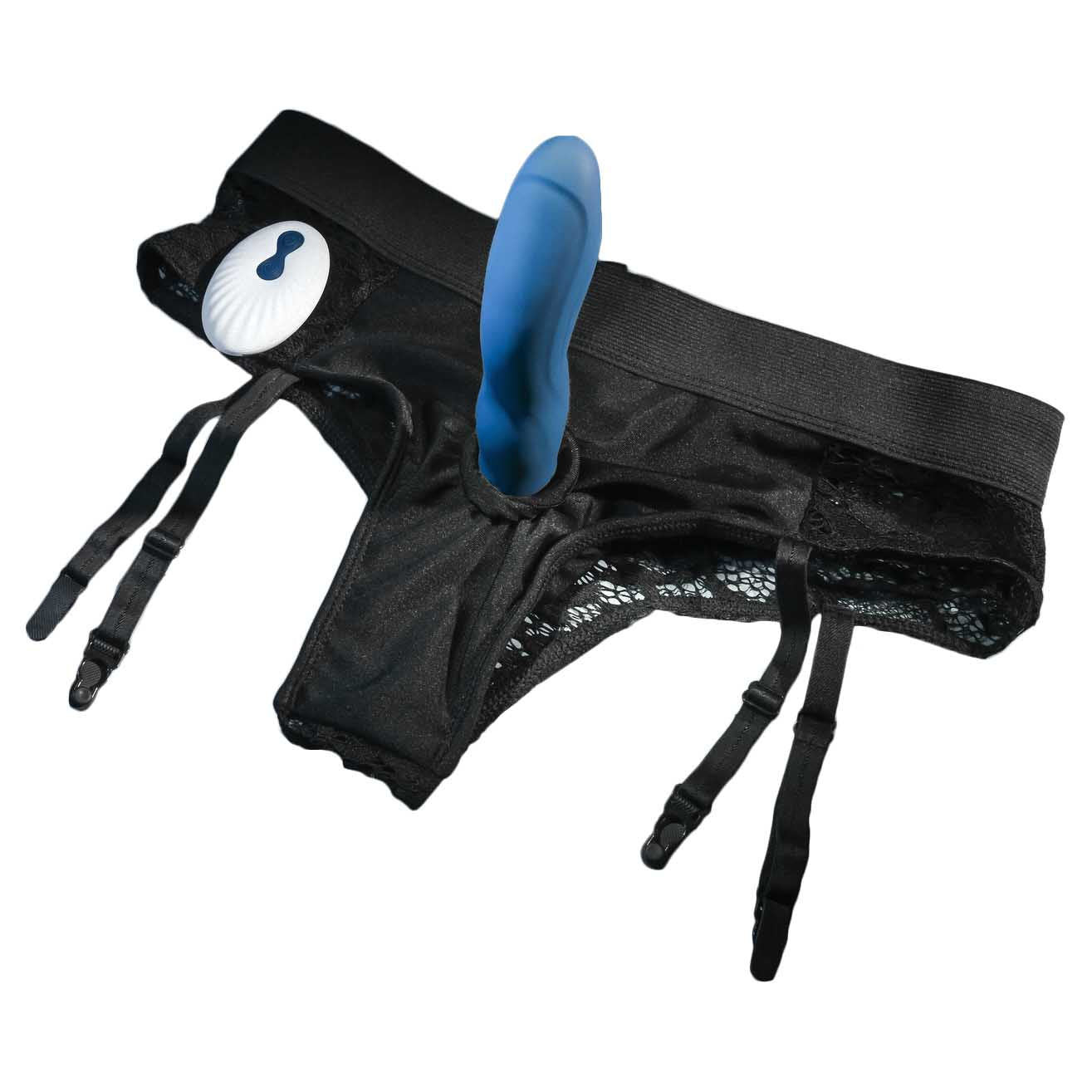 whole view of the gender x snuggle up vibrating strap on with harness blue