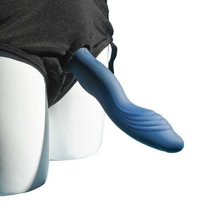 side view of the gender x snuggle up vibrating strap on with harness blue