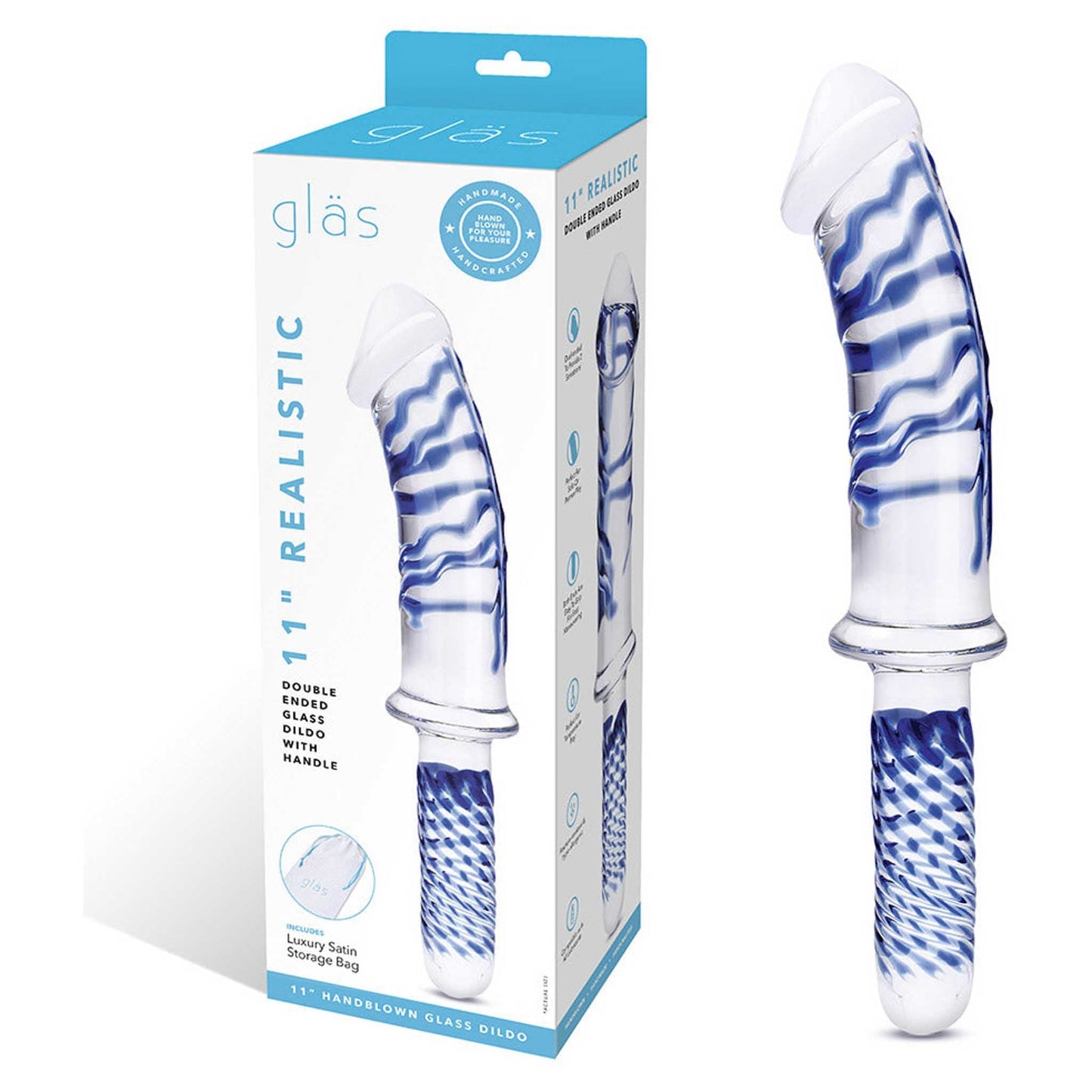 Glas Realistic Double Ended Glass Dildo with Handle 11in - Clear/Blue