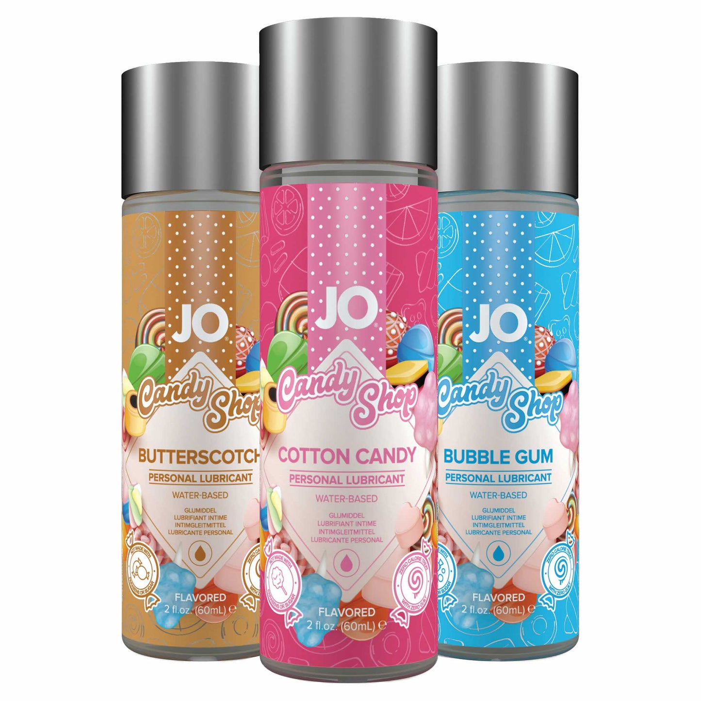 showing the variety of the jo h2o candy shop water-based flavored personal lubricant 2 fl. oz. group