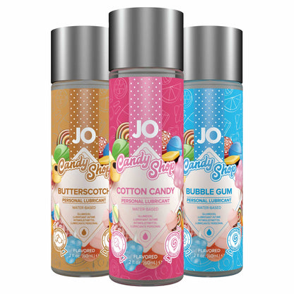 showing the variety of the jo h2o candy shop water-based flavored personal lubricant 2 fl. oz. group