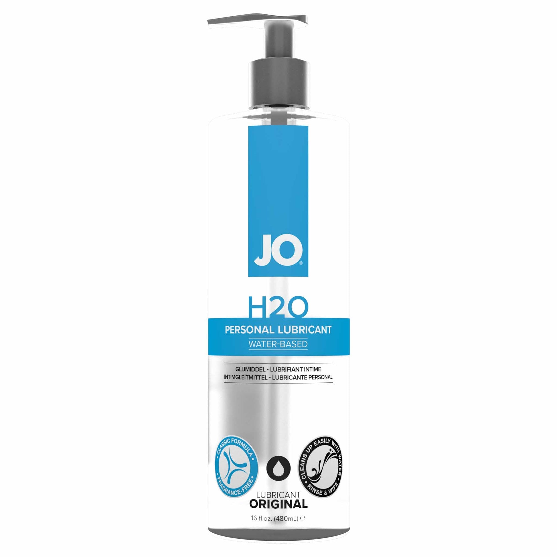 front view of the jo h2o classic personal water-based lubricant original 16oz