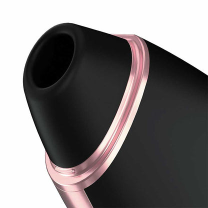 close-up of the opening of the satisfyer love triangle rechargeable silicone clitoral stimulator black/rose gold eis075