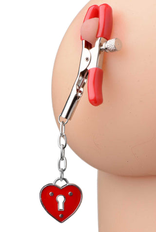 Master Series - Crimson Tied Charmed Heart Padlock Nipple Clamps - Red