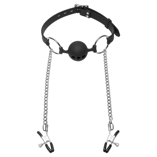 Master Series Hinder Breathable Silicone Ball Gag with Nipple Clamps - Black