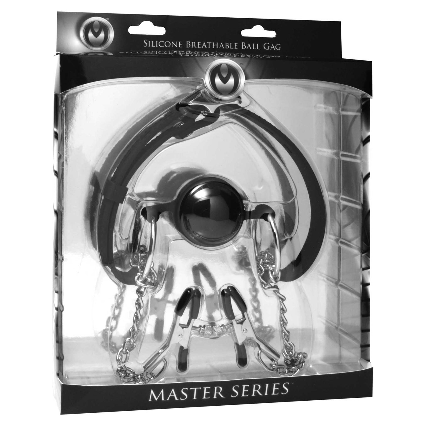 Master Series Hinder Breathable Silicone Ball Gag with Nipple Clamps - Black