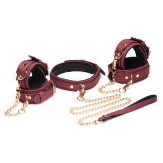 Master Series Velvet Bondage Set Cuffs, Collar, and Leash (6 piece) - Burgundy