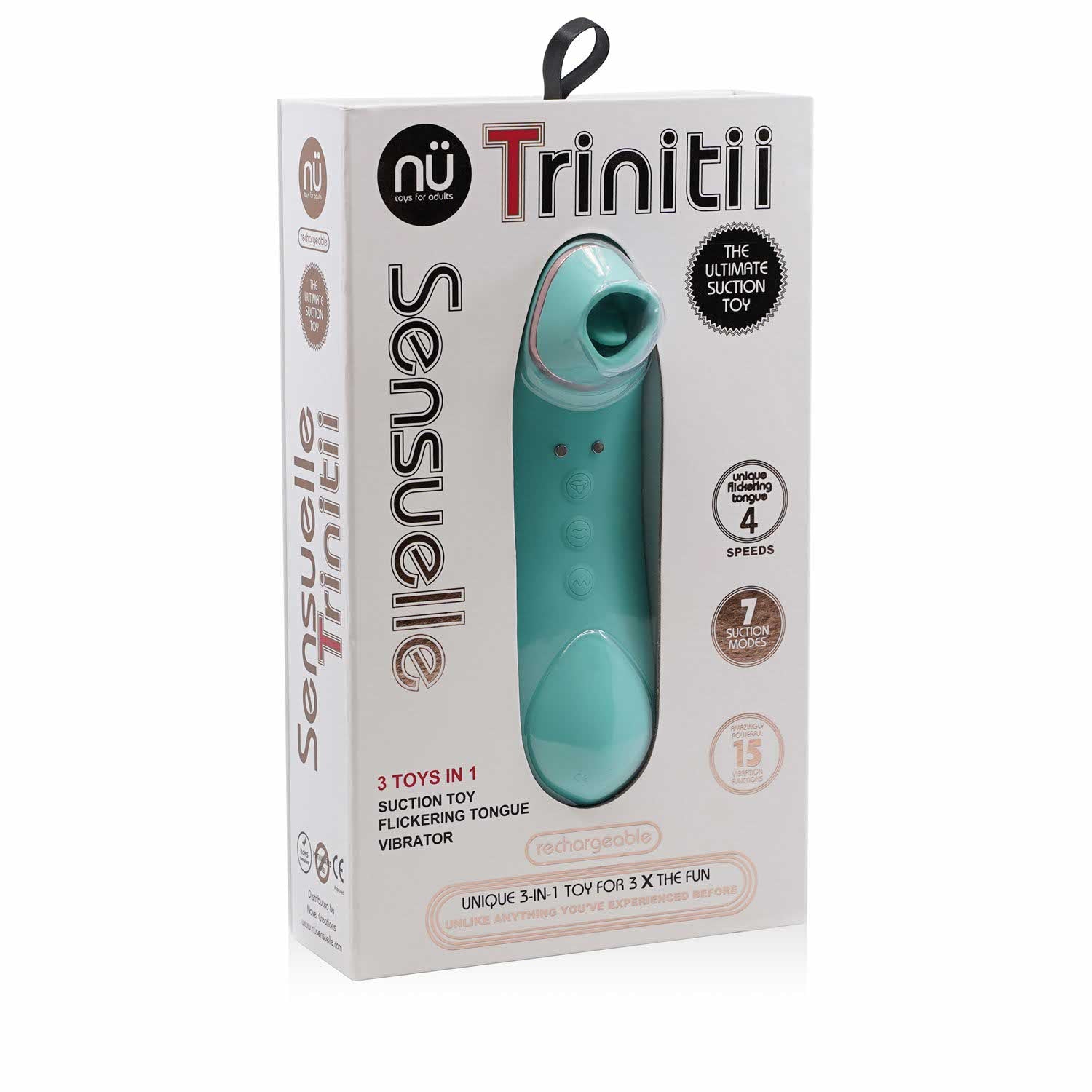 packaging of the nu sensuelle trinitii 26-function rechargeable flickering tongue vibrator with suction bt-w65ebl electric blue