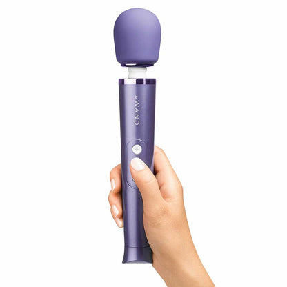 person holding the le wand petite rechargeable massager lw-007pu violet