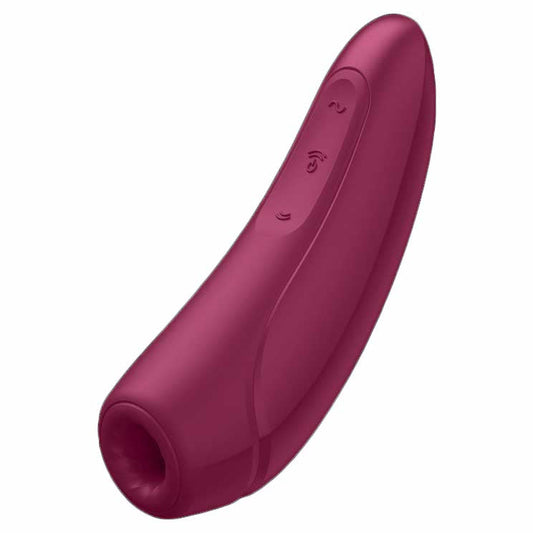 whole view of the satisfyer curvy 1+ rechargeable silicone clitoral stimulator 1 plus eis064 dark red