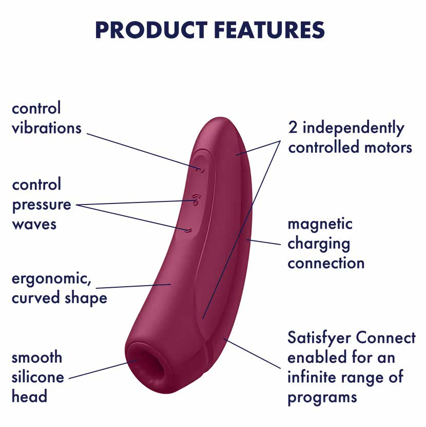 text points out features of the satisfyer curvy 1+ rechargeable silicone clitoral stimulator 1 plus eis064 dark red