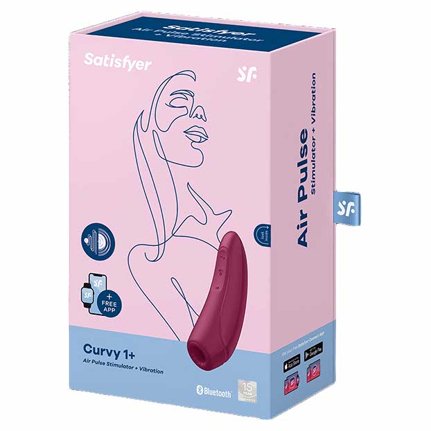 packaging of the satisfyer curvy 1+ rechargeable silicone clitoral stimulator 1 plus eis064 dark red