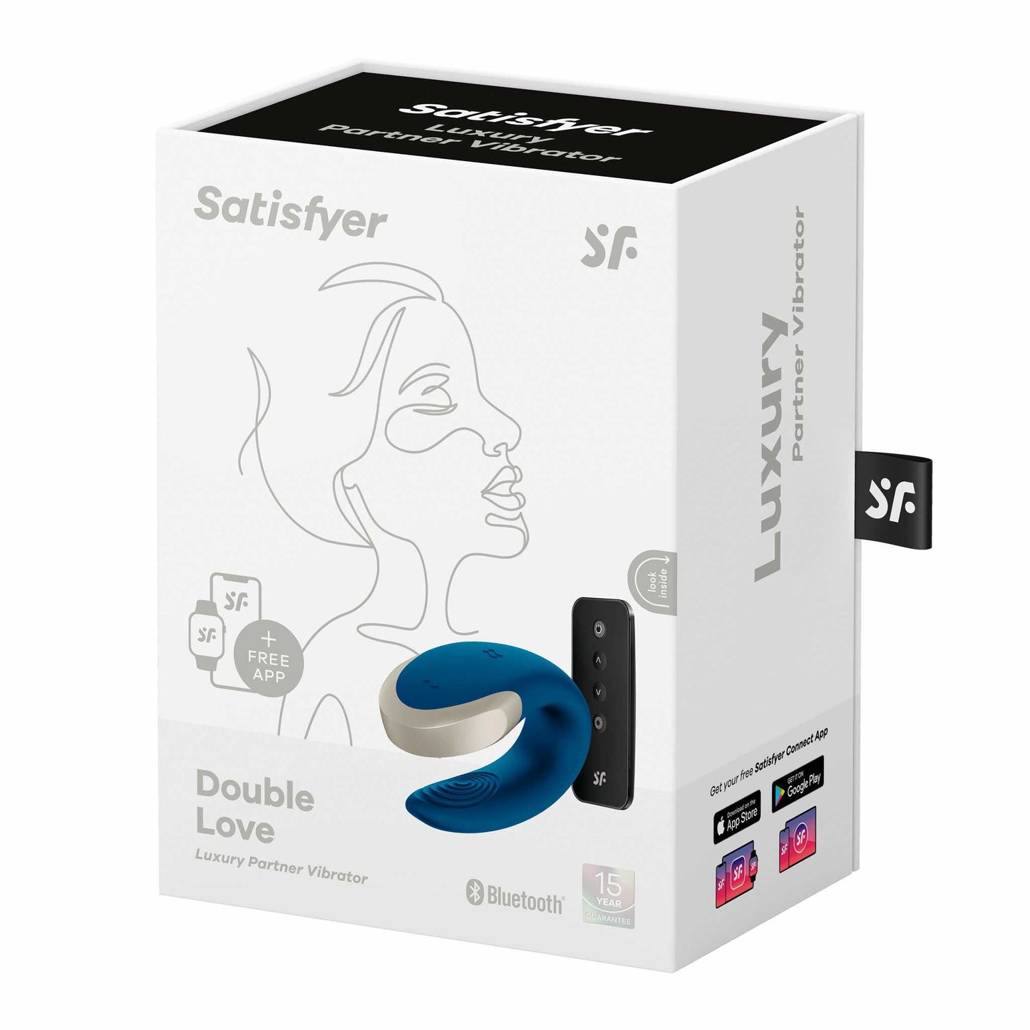 packaging of the satisfyer double love couples remote control vibrator eis105 blue