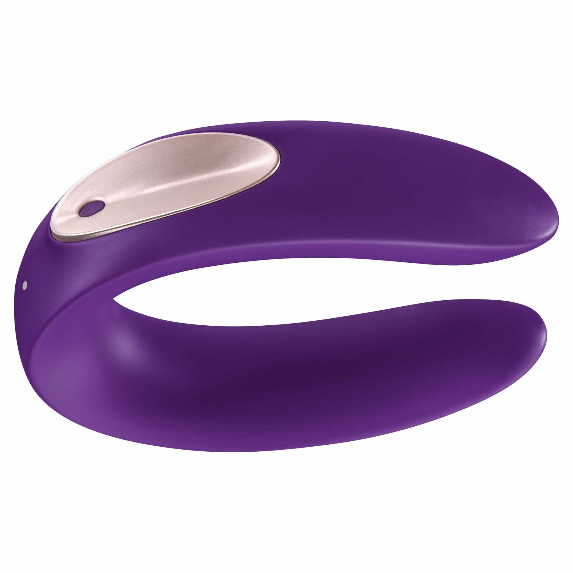 angled view of the satisfyer double plus remote control couples vibrator eisp04 purple