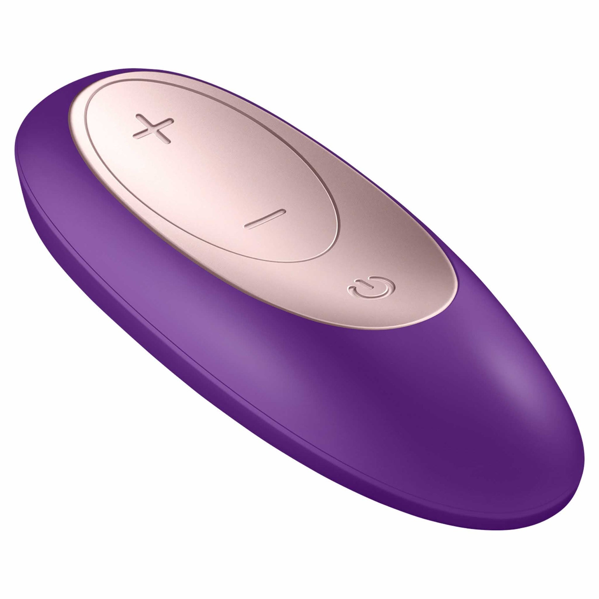 three-quarter view of the satisfyer double plus remote control couples vibrator eisp04 purple