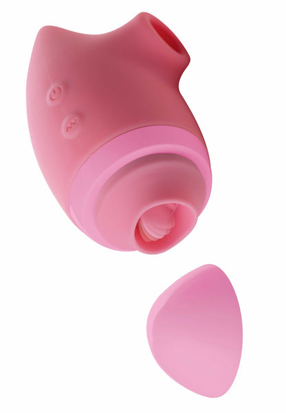 three-quarter view of the inmi shegasm kitty licker 5x silicone rechargeable clit stimulator pink xr-ag628