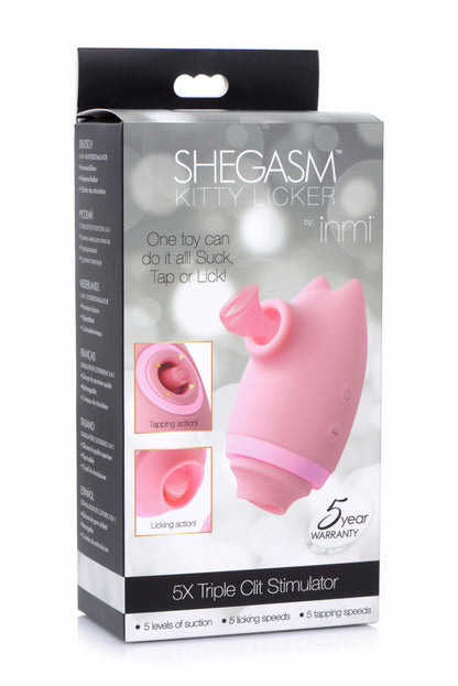 packaging of the inmi shegasm kitty licker 5x silicone rechargeable clit stimulator pink xr-ag628