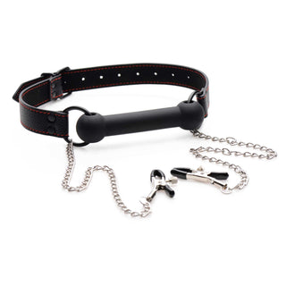 Strict Black Silicone Bit Gag with Nipple Clamps - Black