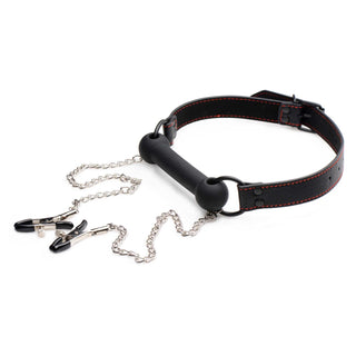Strict Black Silicone Bit Gag with Nipple Clamps - Black