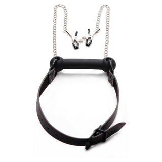 Strict Black Silicone Bit Gag with Nipple Clamps - Black