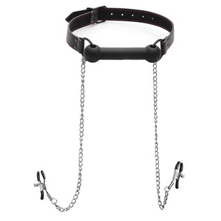 Strict Black Silicone Bit Gag with Nipple Clamps - Black