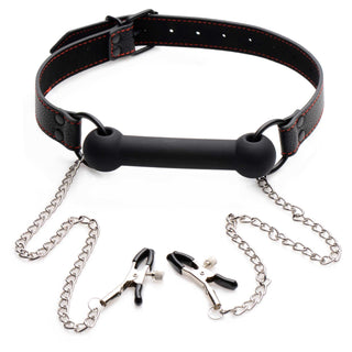 Strict Black Silicone Bit Gag with Nipple Clamps - Black