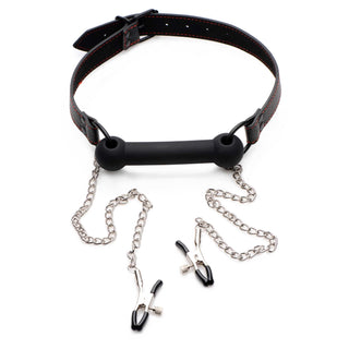 Strict Black Silicone Bit Gag with Nipple Clamps - Black