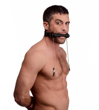 Strict Black Silicone Bit Gag with Nipple Clamps - Black