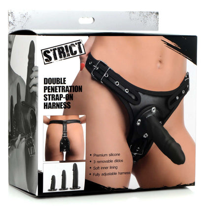 Strict Double Penetration Strap-On Harness with Silicone Dildos (3 pack) - Black