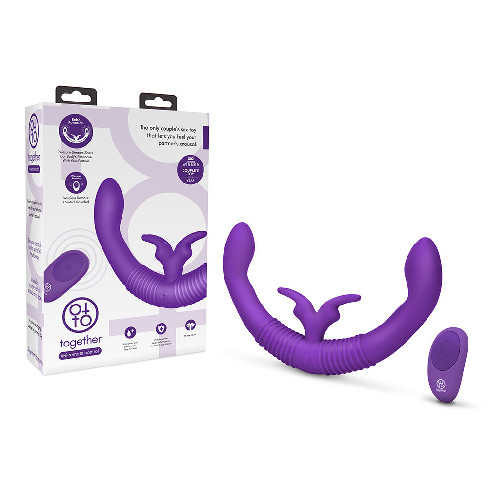 packaging of the together couples' double-ended responsive vibrator with remote control couples purple