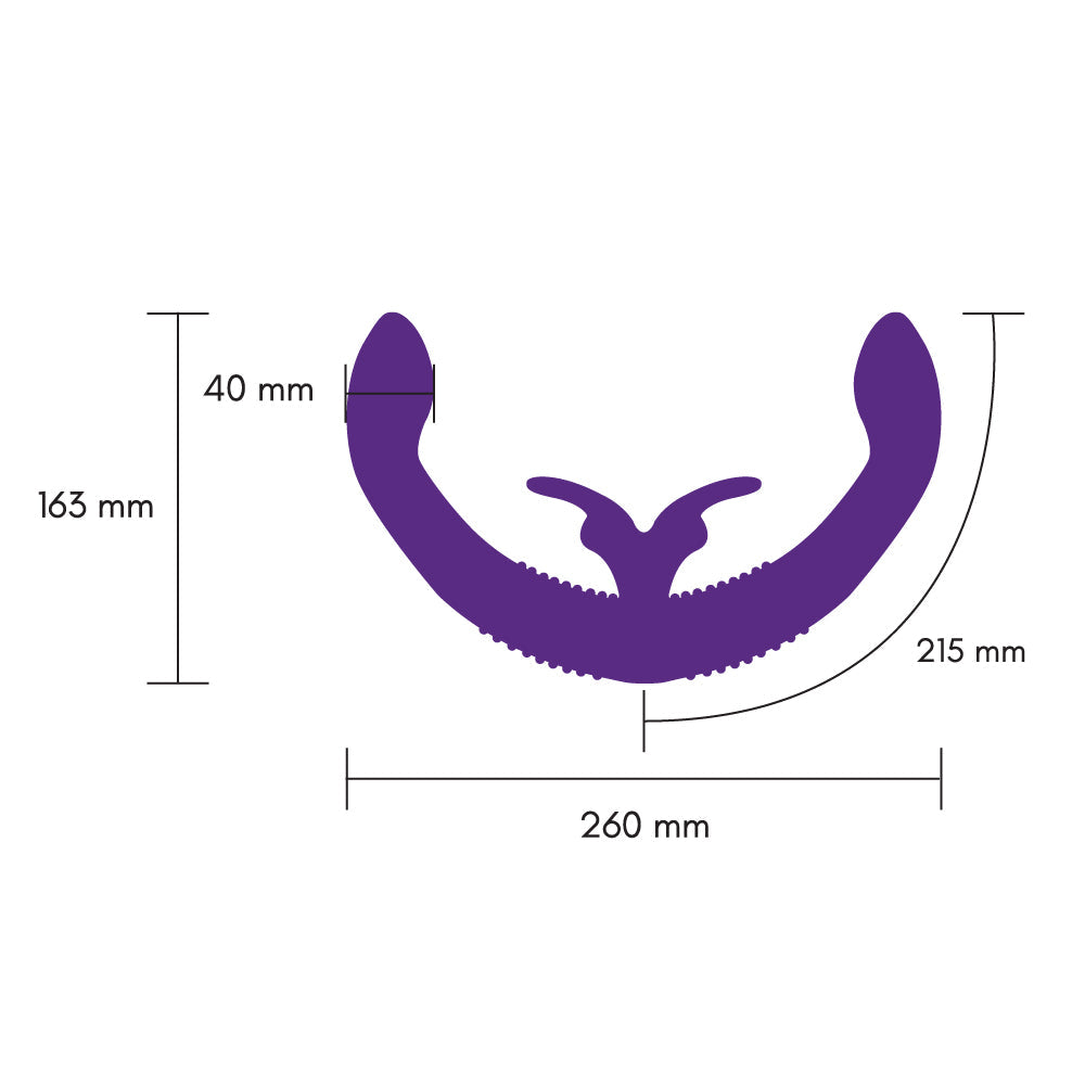 text points out features of the together couples' double-ended responsive vibrator with remote control couples purple