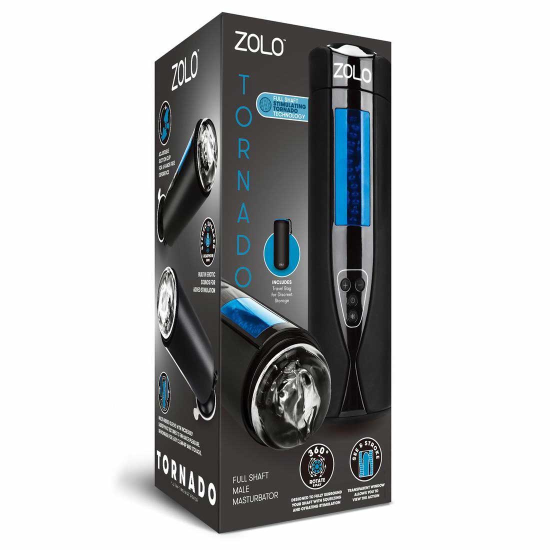 packaging of the zolo tornado rechargeable suction cup masturbator zo-6030 black