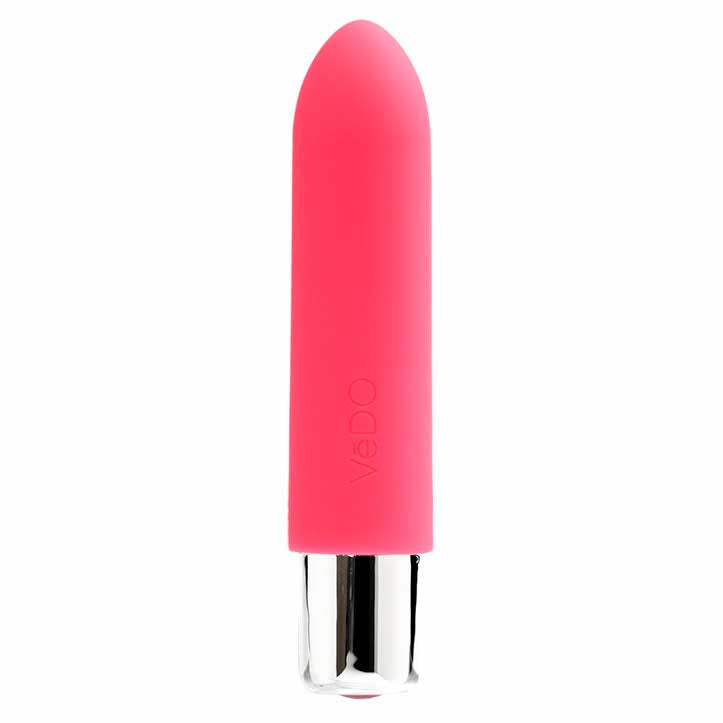 front view of the vedo bam rechargeable mini bullet vibrator savvi-p1401 foxy pink