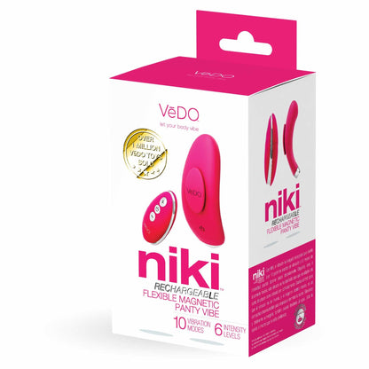 front of the box of the vedo niki rechargeable panty vibrator vibe savvi-p1609 pink