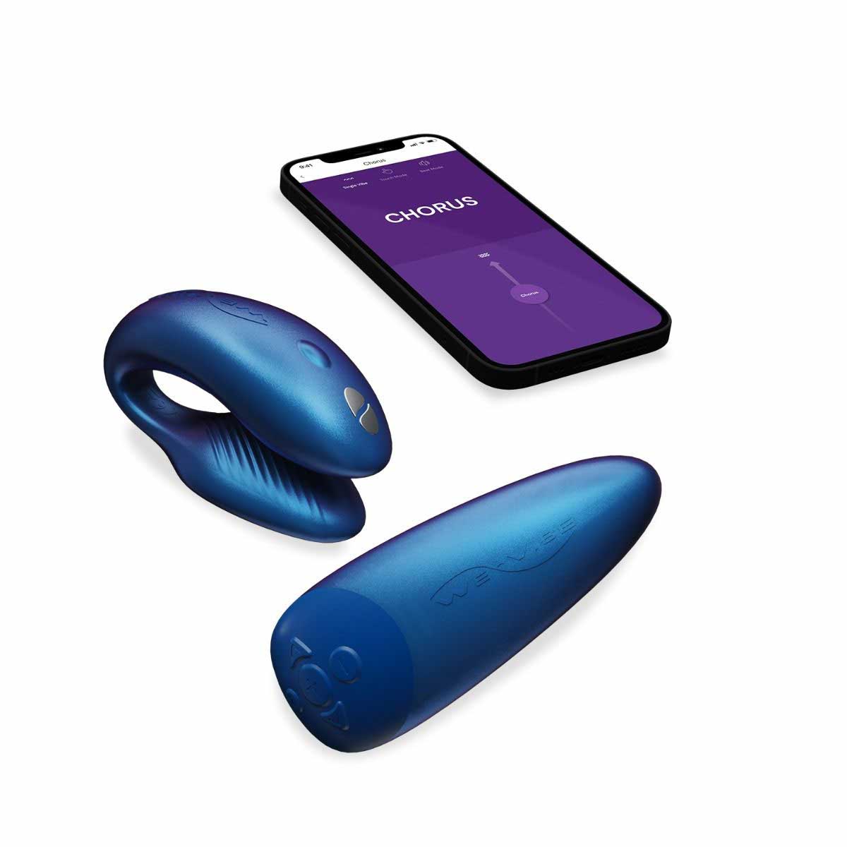 a smartphone laying next to the we-vibe chorus couples remote control vibrator vibe wvsnw6sg5 cosmic blue