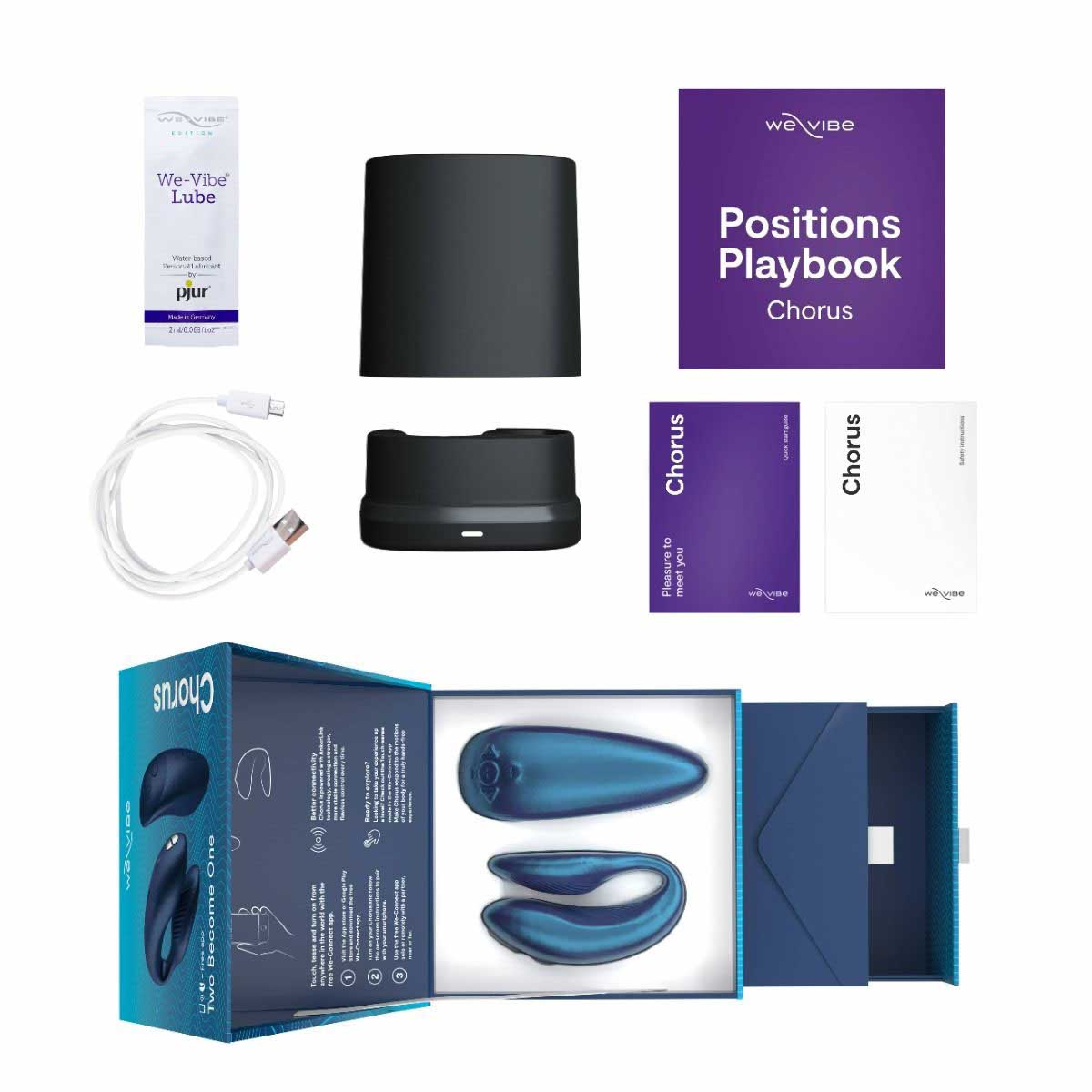 everything included with the we-vibe chorus couples remote control vibrator vibe wvsnw6sg5 cosmic blue