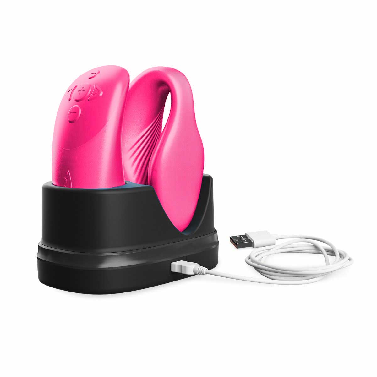 close-up of the charging of the we-vibe chorus couples remote control vibrator vibe wvsnw6sg5 cosmic pink