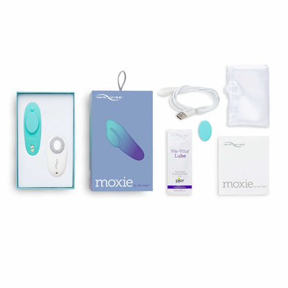 everything included with the we-vibe moxie wearable panty vibrator vibe wvsnxmsg5 aqua