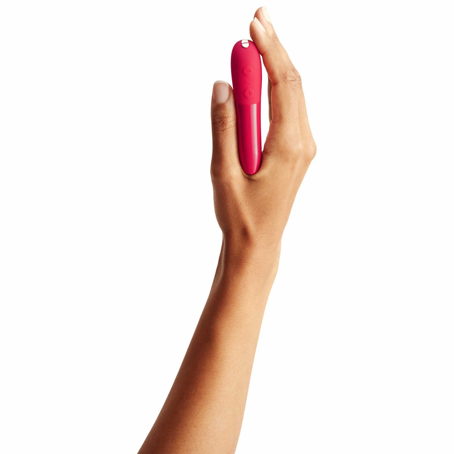 a person's hand to reference the size of the we-vibe tango x intense bullet vibrator wvsnttsg3 cherry red