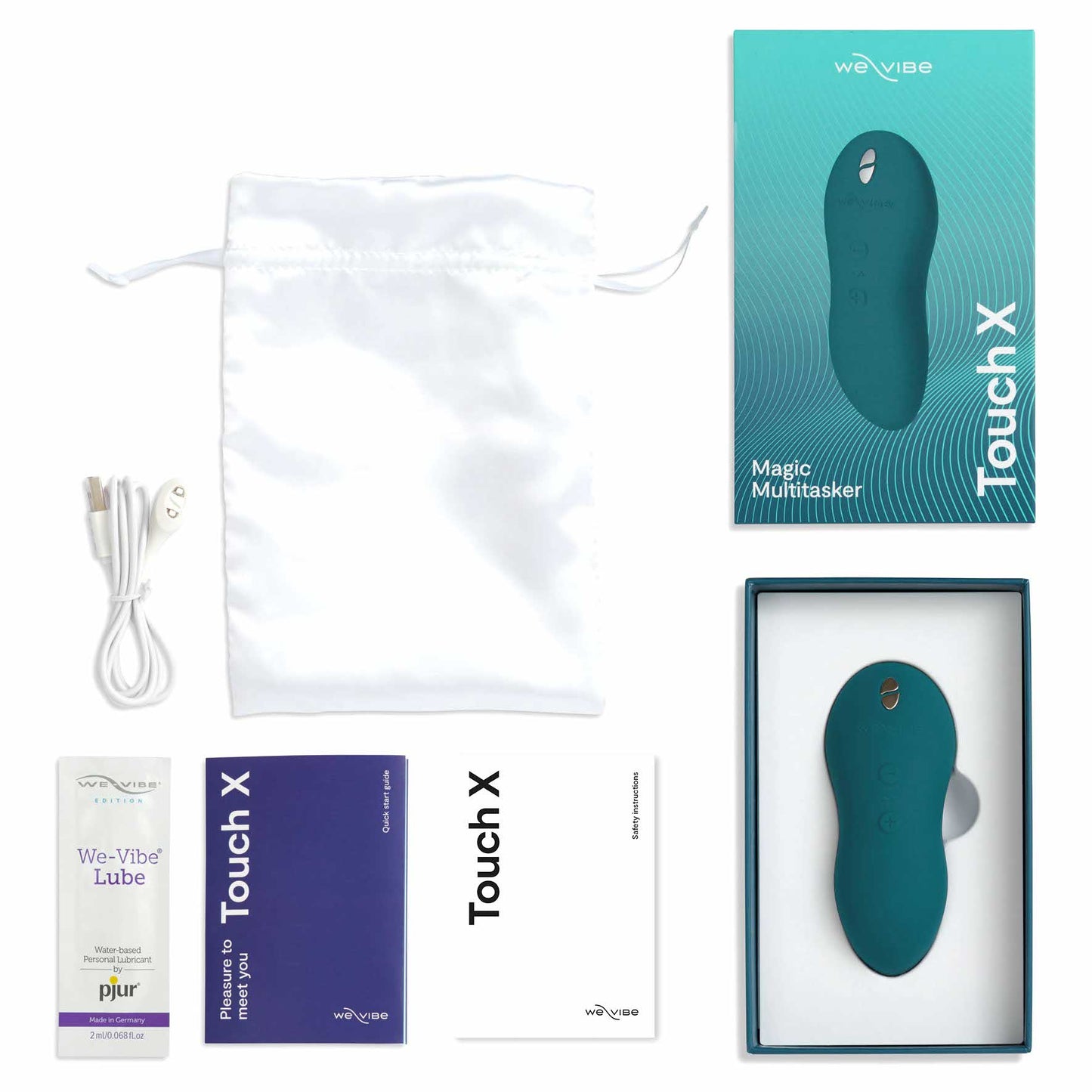 everything included with the we-vibe touch x powerful mini massager wvsntcsg6 green velvet